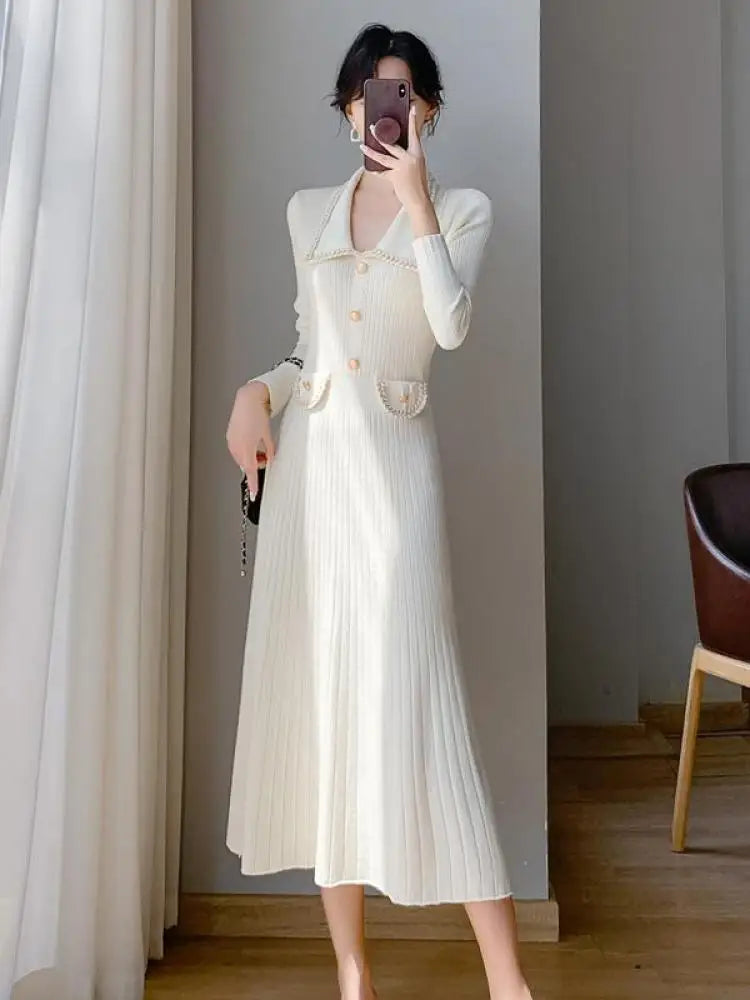 Women Lapel Single Breasted Patchwork Midi Sweater Dress Elegant Fashion Pullover Bodycon Streetwear Knit Dress 2023 New Autumn