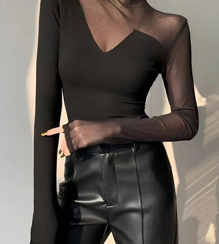 Spring Summer Clothes Mesh Sexy T-Shirts Tops for Women Long Sleeve Woman Asymmetric Skinny Tops Blouse