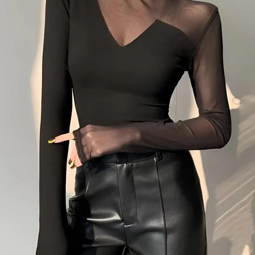 Load image into Gallery viewer, Spring Summer Clothes Mesh Sexy T-Shirts Tops for Women Long Sleeve Woman Asymmetric Skinny Tops Blouse
