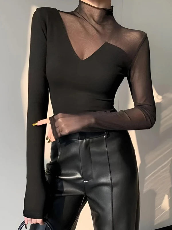 Spring Summer Clothes Mesh Sexy T-Shirts Tops for Women Long Sleeve Woman Asymmetric Skinny Tops Blouse