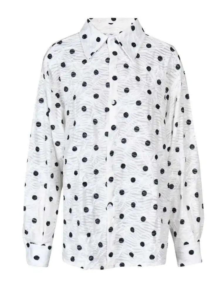 Women White Dot Big Size Elegant Blouse New Lapel Long Sleeve Loose Fit Shirt Fashion Tide Spring Autumn 2025 1DF7781