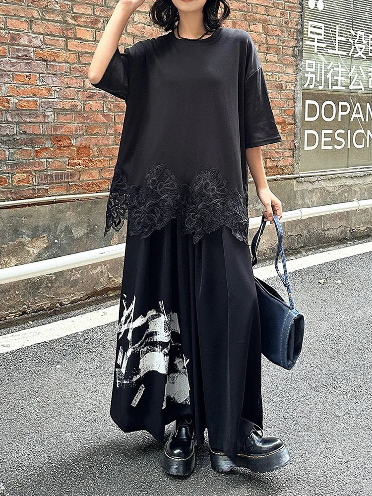 High Elastic Waist Black Pattern Printed Long Wide Leg Pants New Trousers Women Fashion Tide Spring Autumn 2025 1DJ0899