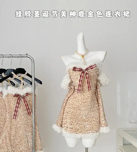 Autumn Women's Gold Patchwork Sequin Bow Backless Halter Short Dress Fashion Korean Elegant Slim Sexy Wrapped Hip Mini Dress New