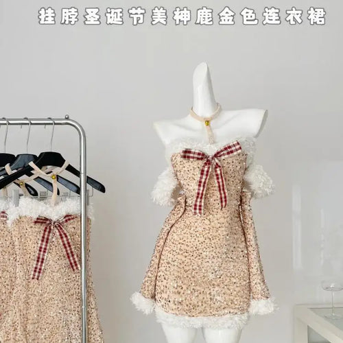 Load image into Gallery viewer, Autumn Women's Gold Patchwork Sequin Bow Backless Halter Short Dress Fashion Korean Elegant Slim Sexy Wrapped Hip Mini Dress New
