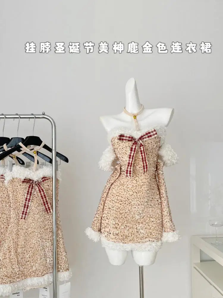 Autumn Women's Gold Patchwork Sequin Bow Backless Halter Short Dress Fashion Korean Elegant Slim Sexy Wrapped Hip Mini Dress New