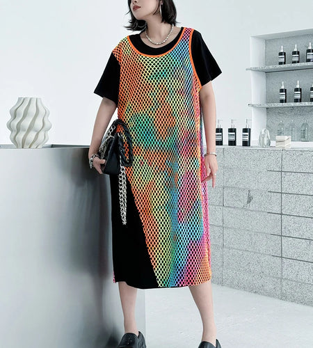 Women Green Colorful Spliced Big Size Midi Dress New Round Neck Short Sleeve Fashion Tide Spring Summer 2025 1DJ1155