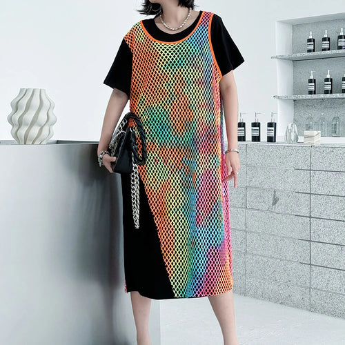 Load image into Gallery viewer, Women Green Colorful Spliced Big Size Midi Dress New Round Neck Short Sleeve Fashion Tide Spring Summer 2025 1DJ1155
