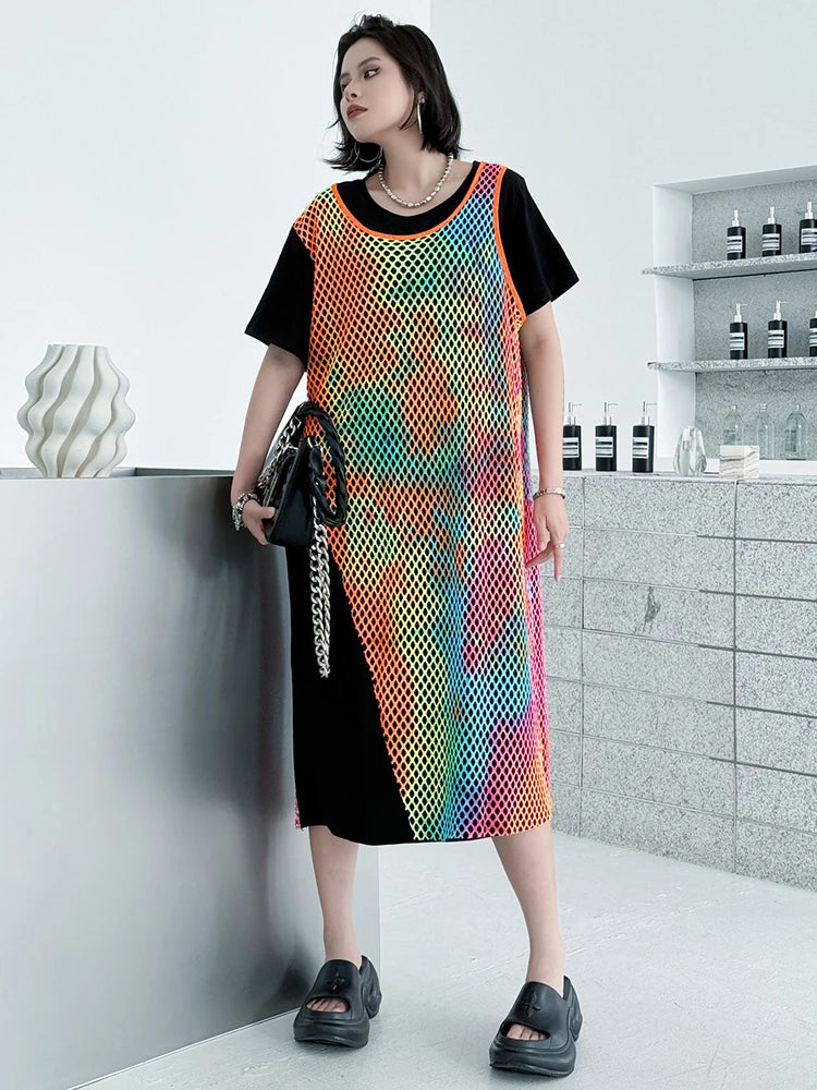 Women Green Colorful Spliced Big Size Midi Dress New Round Neck Short Sleeve Fashion Tide Spring Summer 2025 1DJ1155