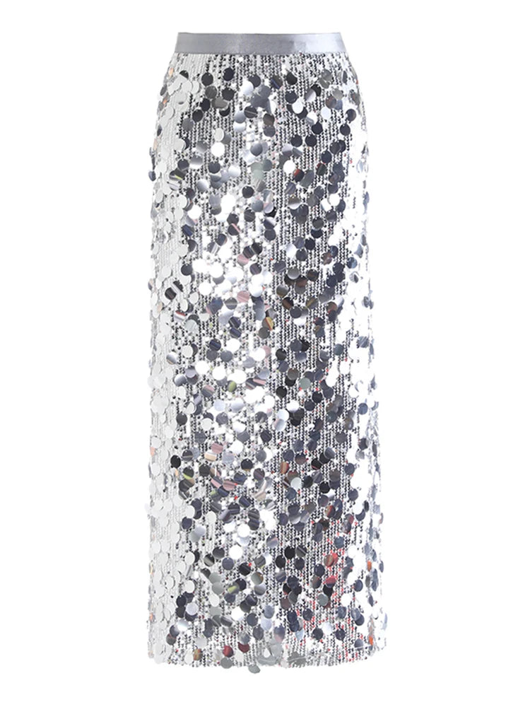 High Elastic Waist Sequins Shining Long Party Elegant Half-body Skirt Women Fashion Tide New Spring Autumn 2025 1DH9227