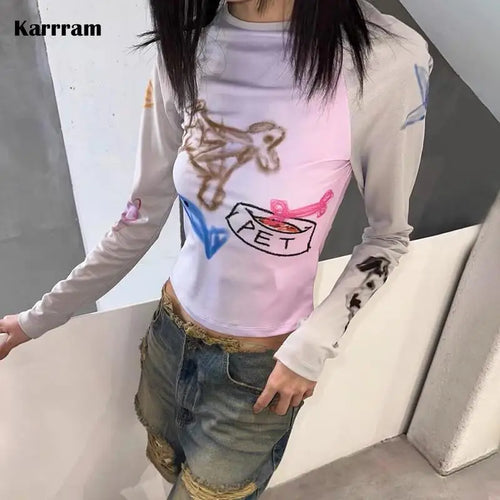 Load image into Gallery viewer, Y2k Graffiti Print T-shirt Korean Style Patchwork Mesh Tops Kpop Fashion Long Sleeve Crop Tops Japanese Harajuku Tshirt
