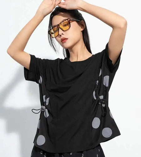 Women Black Dot Printed Color-block Big Size T-shirt New Round Neck Short Sleeve Fashion Tide Spring Summer 2025 1DH5058