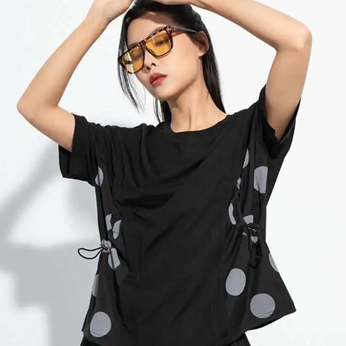 Load image into Gallery viewer, Women Black Dot Printed Color-block Big Size T-shirt New Round Neck Short Sleeve Fashion Tide Spring Summer 2025 1DH5058

