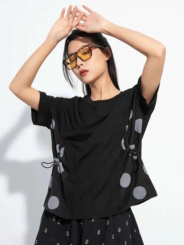 Women Black Dot Printed Color-block Big Size T-shirt New Round Neck Short Sleeve Fashion Tide Spring Summer 2025 1DH5058