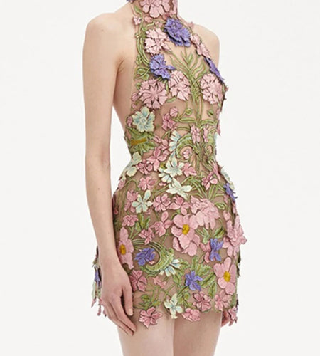 Hit Color Slimming Spliced Embroidery Dresses for Women Halter Sleeveless Backless High Waist Dress Female Clothing