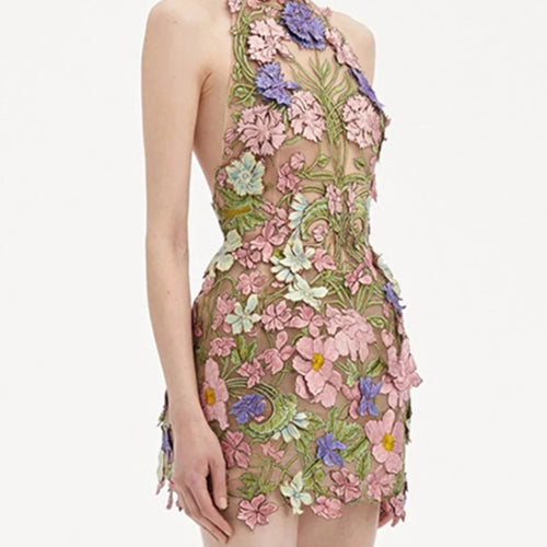 Load image into Gallery viewer, Hit Color Slimming Spliced Embroidery Dresses for Women Halter Sleeveless Backless High Waist Dress Female Clothing
