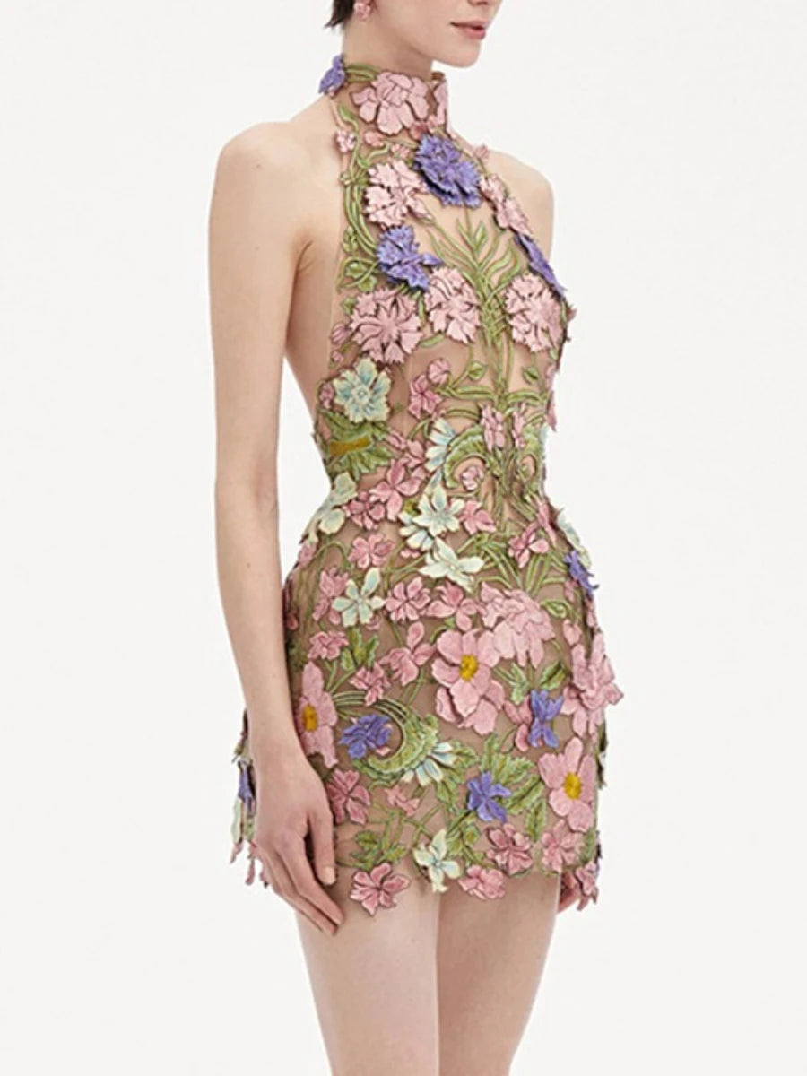 Hit Color Slimming Spliced Embroidery Dresses for Women Halter Sleeveless Backless High Waist Dress Female Clothing