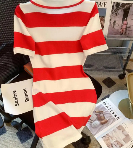 Women Red White Striped Patchwork Knit Mini Dress 2024 New Slim Polo Collar Ladies Short Sleeve Wrapped Hip A-line Dress Fashion