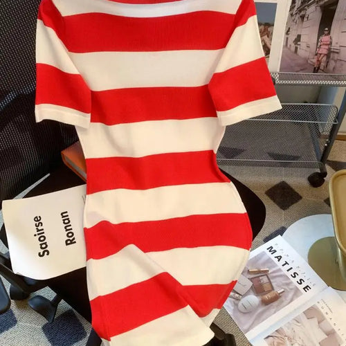 Load image into Gallery viewer, Women Red White Striped Patchwork Knit Mini Dress 2024 New Slim Polo Collar Ladies Short Sleeve Wrapped Hip A-line Dress Fashion
