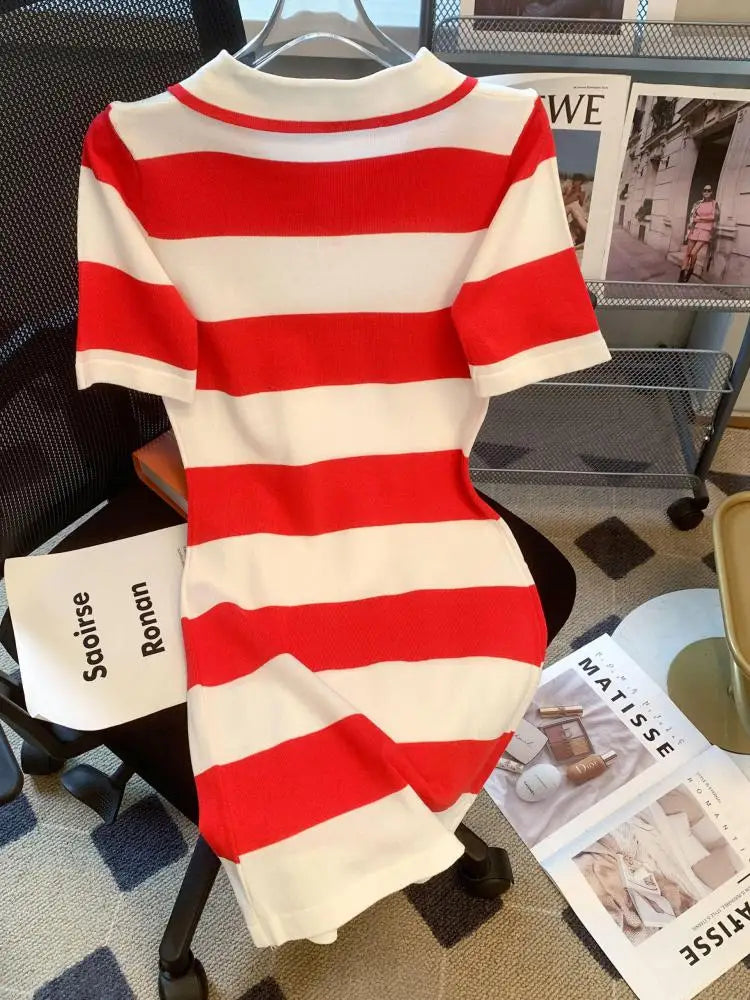 Women Red White Striped Patchwork Knit Mini Dress 2024 New Slim Polo Collar Ladies Short Sleeve Wrapped Hip A-line Dress Fashion