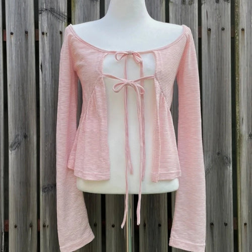 Load image into Gallery viewer, Korean Women Bandage Bow Cardigans Vintage Fairy Y2k Aesthetic Striped Coat Streetwear Fashion Casual Chic Fairy Cardigan Femme
