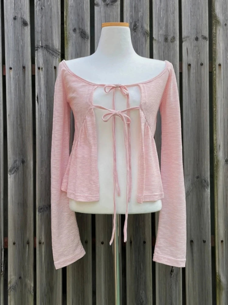Korean Women Bandage Bow Cardigans Vintage Fairy Y2k Aesthetic Striped Coat Streetwear Fashion Casual Chic Fairy Cardigan Femme