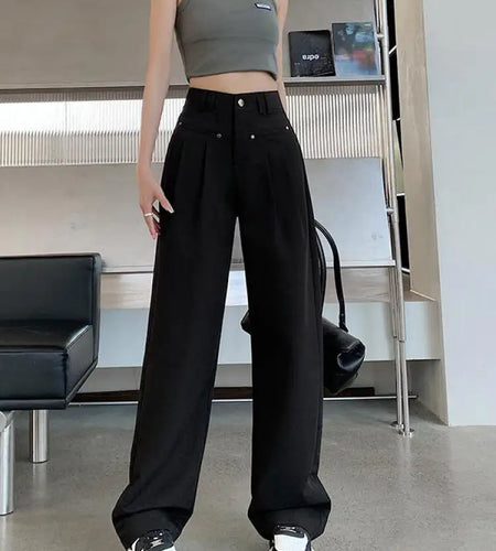 Spring Summer Retro Korean Black Office Wide Leg Long Pants Women's Purple High Waist Loose Holiday Straight Trousers Trendy New