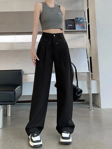 Spring Summer Retro Korean Black Office Wide Leg Long Pants Women's Purple High Waist Loose Holiday Straight Trousers Trendy New