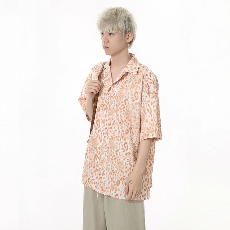 Leopard Print Men's Shirts Lapel Drape Contrast Color Short Sleeve Casual Clothing Single Breasted Loose Male Tops 9W1258