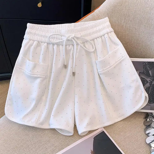Load image into Gallery viewer, New Black White Diamond Shorts For Women Spring Summer Fashion Elastic Waist Drawstring Lace-up A-line Wide Leg Short Pant

