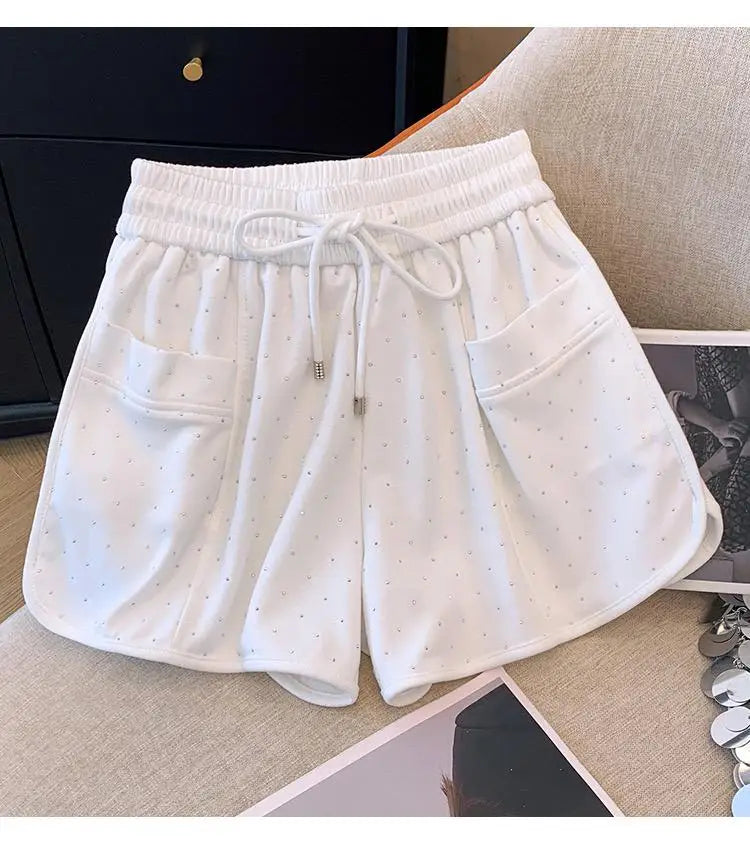 New Black White Diamond Shorts For Women Spring Summer Fashion Elastic Waist Drawstring Lace-up A-line Wide Leg Short Pant