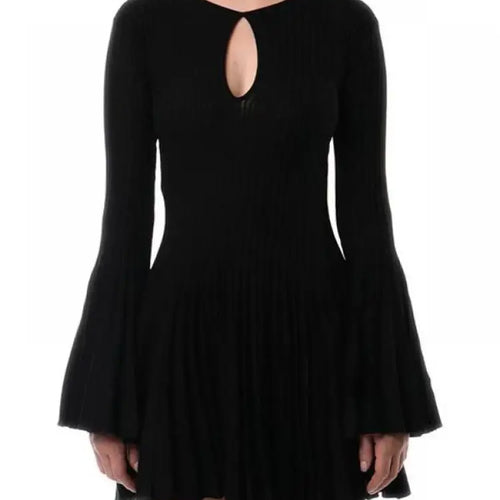 Load image into Gallery viewer, Autumn New 2024 Black Elegant Long Sleeve Knit Mini Dress For Women Beige  Round Neck Hollow Out Simple Pleated Short Dress Chic
