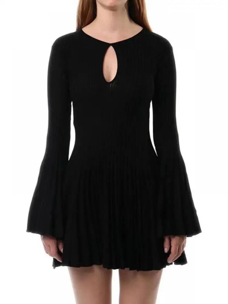 Autumn New 2024 Black Elegant Long Sleeve Knit Mini Dress For Women Beige  Round Neck Hollow Out Simple Pleated Short Dress Chic
