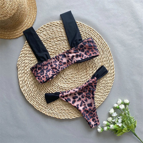 Load image into Gallery viewer, Sexy Leopard Bandeau Bikini Set Women Swimwear 2024 Patchwork Brazilian Swimsuit Female Bathing Suit
