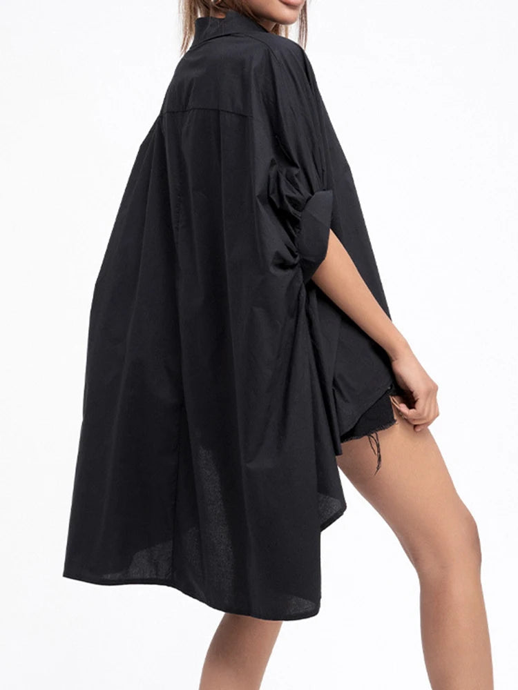 Women White Irregular Big Size Blouse New Lapel Half Sleeve Loose Fit Shirt Fashion Tide Spring Autumn 2025 1DD2323