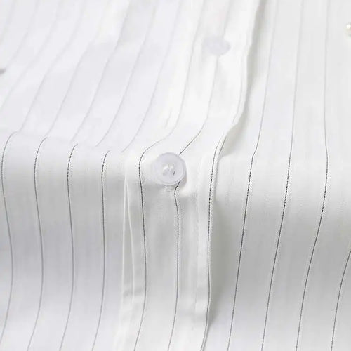 Load image into Gallery viewer, Women White Striped Pearl Big Size Elegant Blouse New Lapel Long Sleeve Shirt Fashion Tide Spring Autumn 2025 CPG2906
