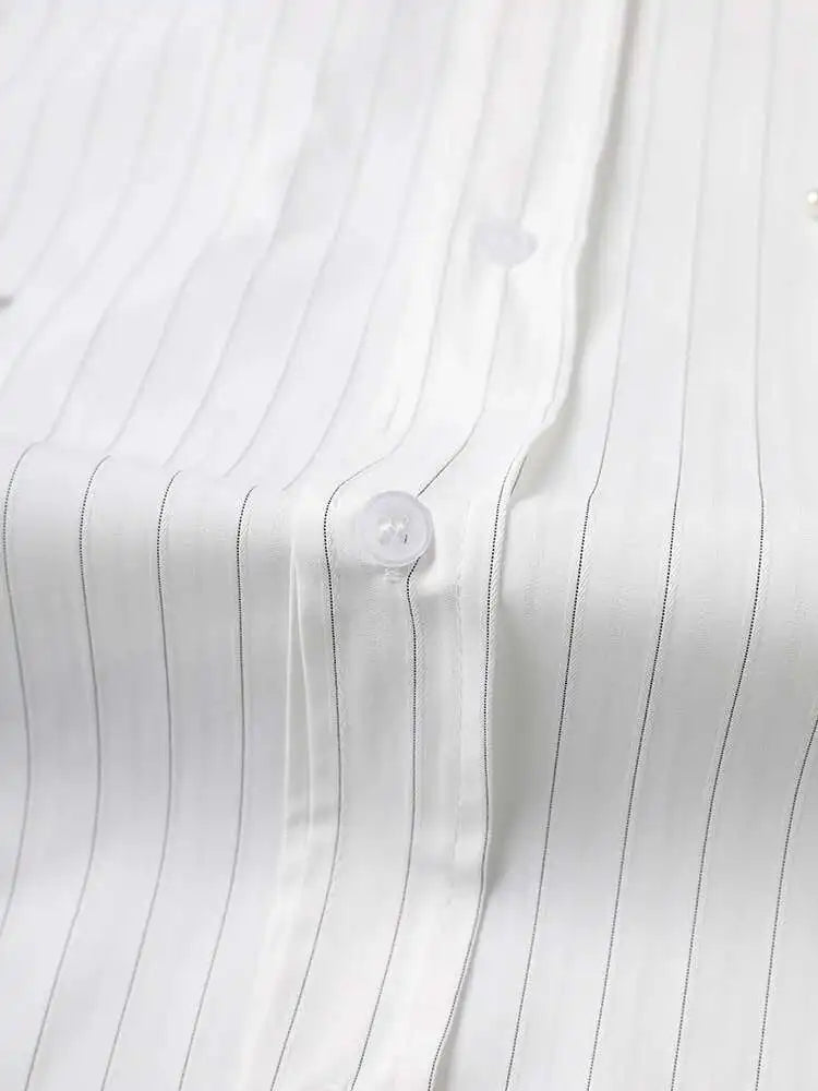 Women White Striped Pearl Big Size Elegant Blouse New Lapel Long Sleeve Shirt Fashion Tide Spring Autumn 2025 CPG2906