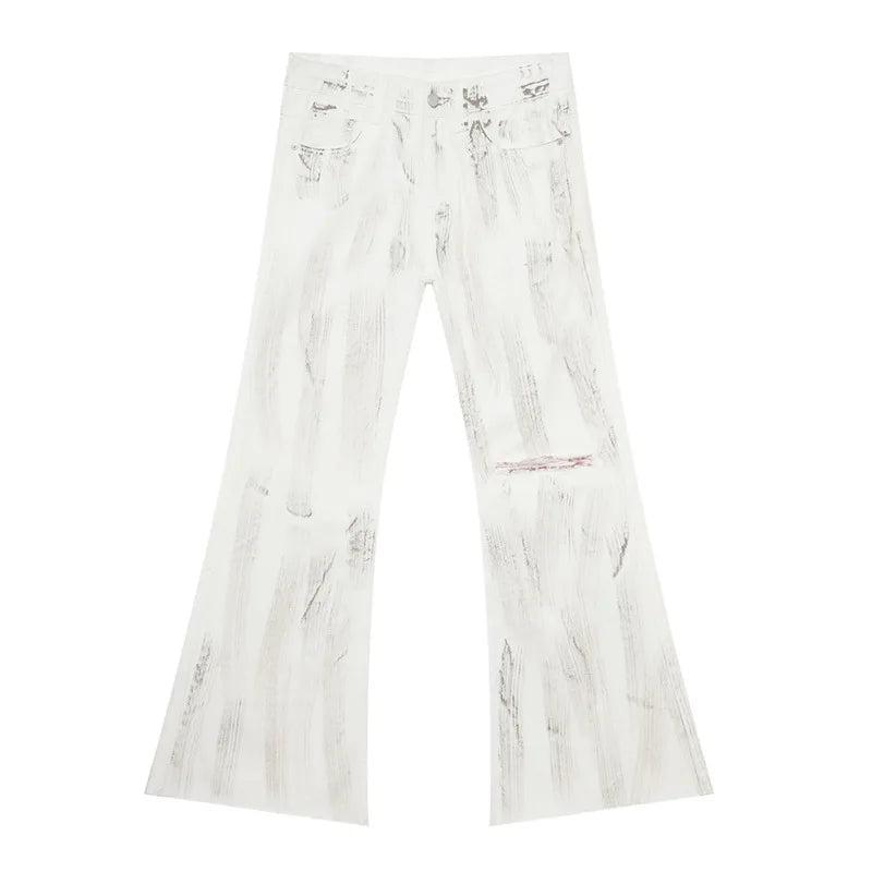 Men's Wear Flared Jeans Printing Staining Hole Worn-out Contrast Color Straight Men's Trousers Wide Leg Denim Pants 9C9305