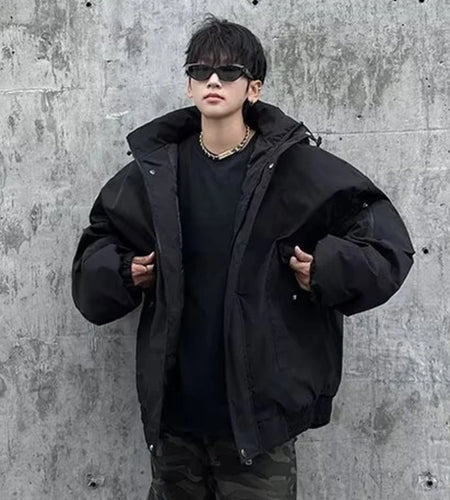 Winter Men's Padded Jackets Hooded Drawstring Solid Color Zipper Patchwork Casual Thickened Male Cotton Coats Tide 9C9288