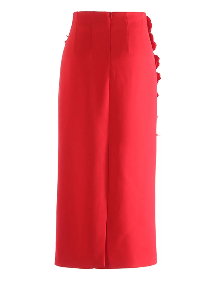 High Waist Red Three-dimensional Flower Elegant Midi Half-body Skirt Women Fashion Tide New Spring Autumn 2025 1DJ0914