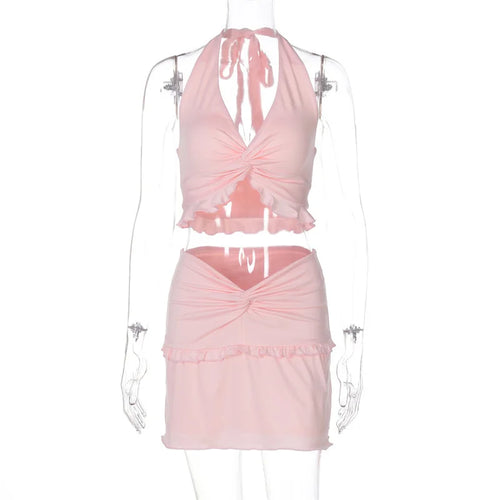 Load image into Gallery viewer, Ruffle Sexy Skirt Two Piece Sets Women Halter Lace-up Crop Top And Mini Skirt Female Beach Club Party 2 Piece Set
