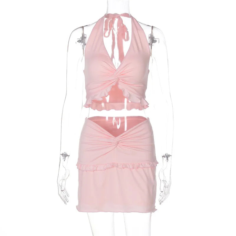 Ruffle Sexy Skirt Two Piece Sets Women Halter Lace-up Crop Top And Mini Skirt Female Beach Club Party 2 Piece Set