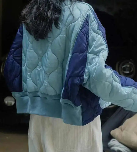 Blue Color-block Big Size Warm Cotton-padded Coat Long Sleeve Women Parkas Fashion Tide New Autumn Winter 2025 1DH2262