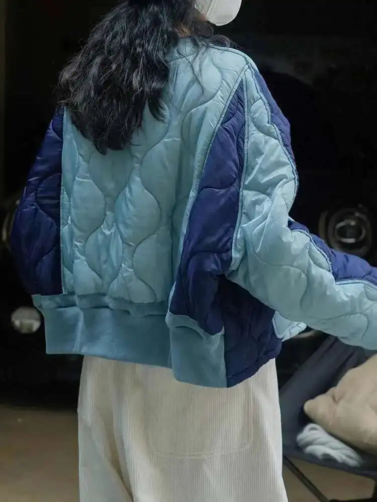 Blue Color-block Big Size Warm Cotton-padded Coat Long Sleeve Women Parkas Fashion Tide New Autumn Winter 2025 1DH2262