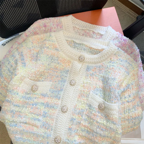 Load image into Gallery viewer, Autumn Winter Sweet Vintage Rainbow Knitted Cardigan Top French Fashion Women New Round Neck Single Breasted Long Sleeve Sweater
