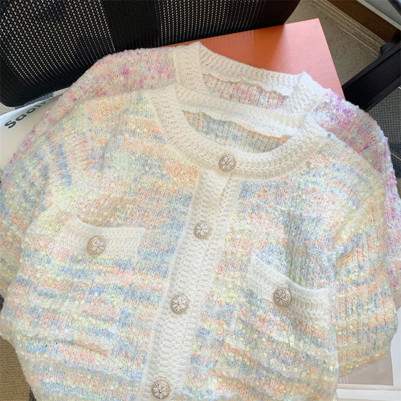 Autumn Winter Sweet Vintage Rainbow Knitted Cardigan Top French Fashion Women New Round Neck Single Breasted Long Sleeve Sweater
