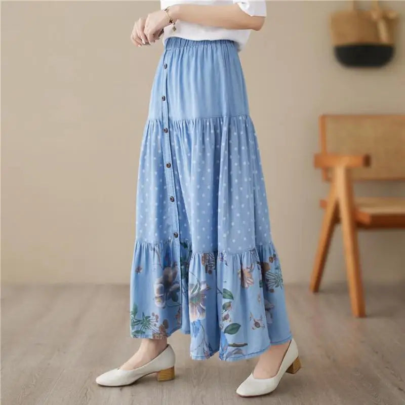 Casual Vintage Denim Skirt Floral Print A-line Pleated Long Skirts Summer Women Elegant Holiday Clothes Elastic Waist Midi Skirt