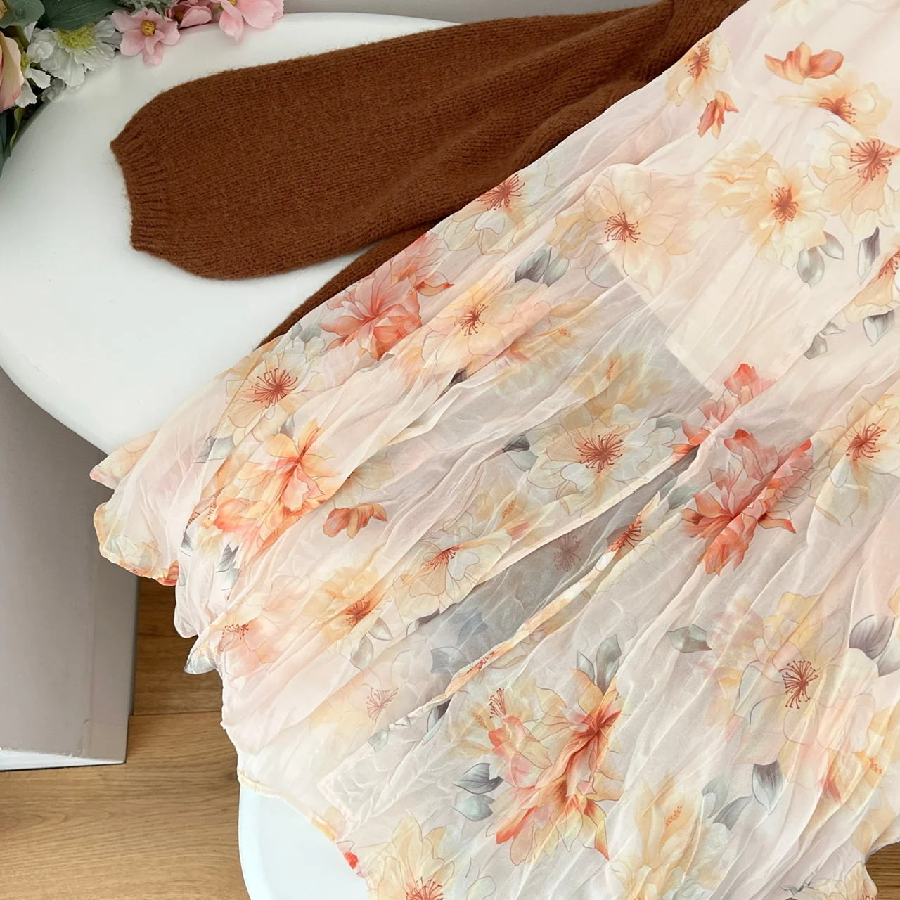 Vintage Women Orange Print V Neck High Waist Long Sleeves A-line Pleated Party Prom Dress Autumn Slim Bow Bandage Dress Bohemian