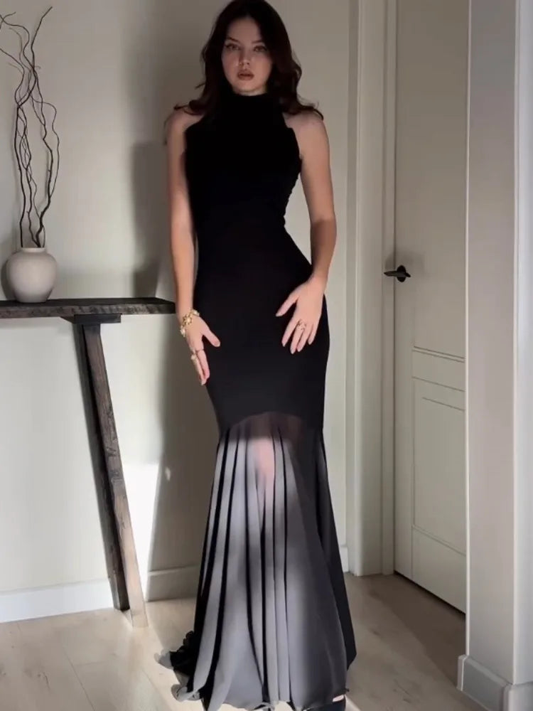 Elegant Sleeveless Bodycon Mesh Party Club Evening Dress For Women 2025 Solid Color New Slim Female Long Vestidos