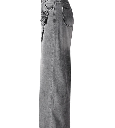 High Waist Light Gray Irregular Burr Denim Wide Leg Jeans New Women Trousers Fashion Tide Spring Autumn 2025 CPG3158