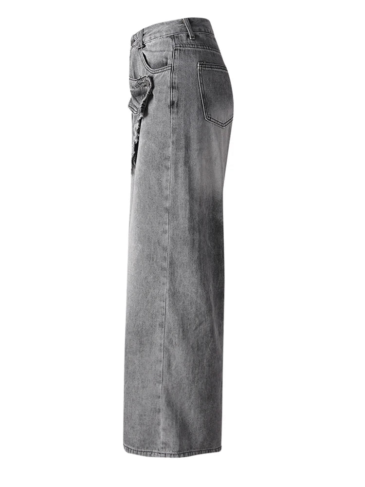 High Waist Light Gray Irregular Burr Denim Wide Leg Jeans New Women Trousers Fashion Tide Spring Autumn 2025 CPG3158